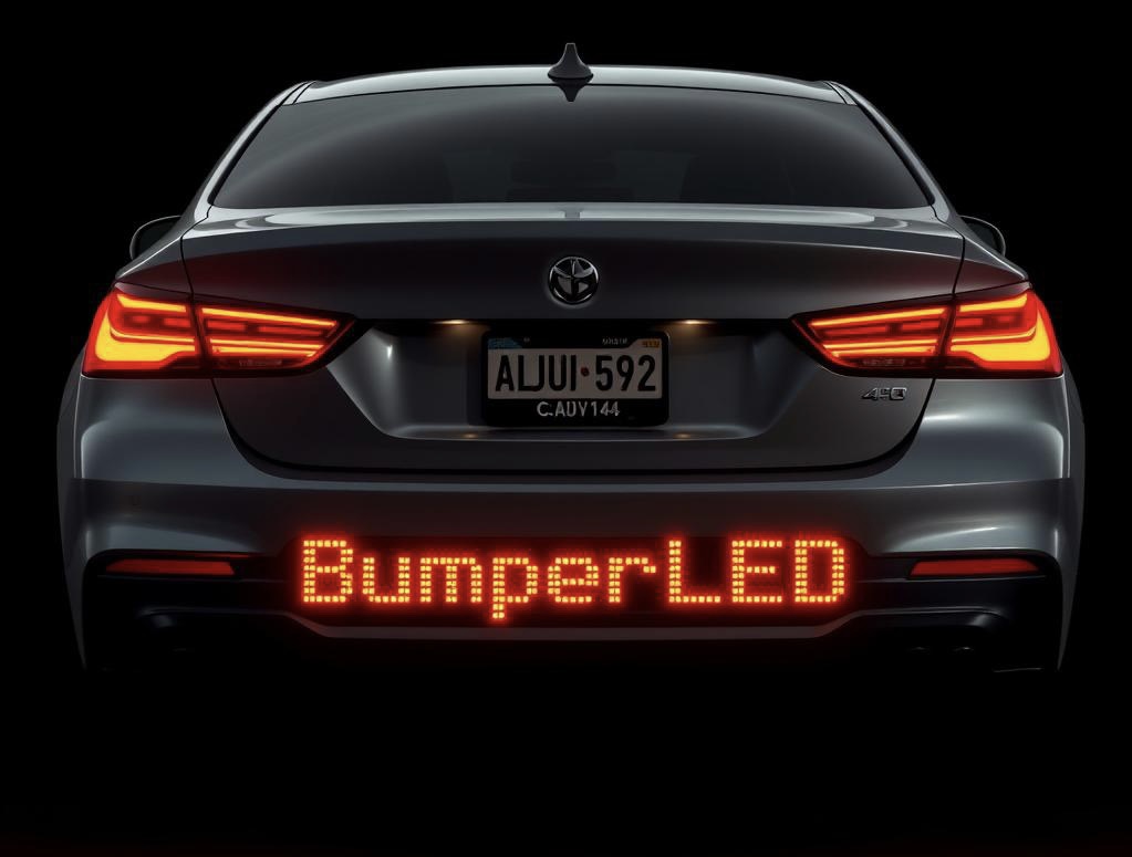 Car rear bumper with glowing LED strip at night